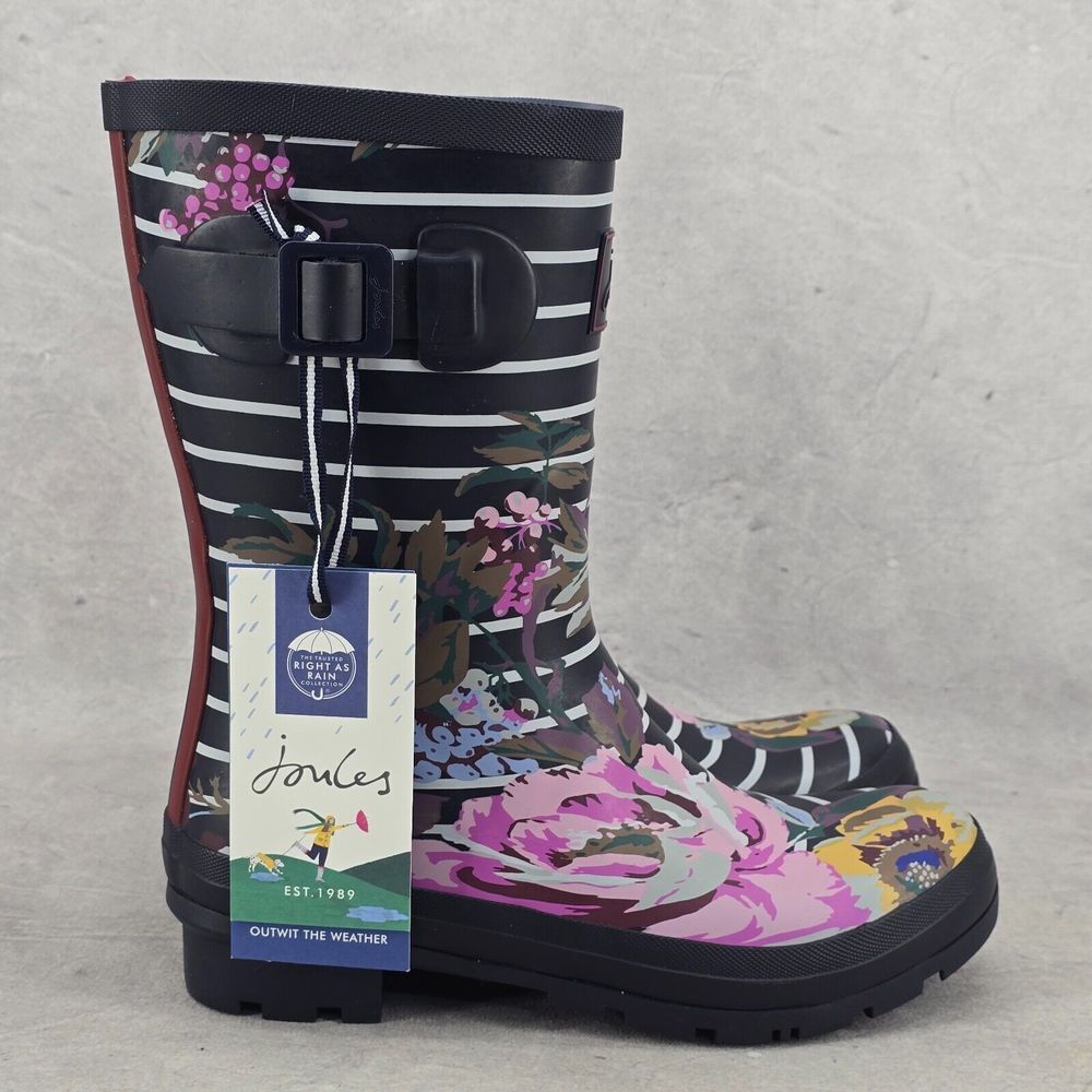 New Joules Rain Boots Mid Calf Molly Welly Navy Stripes Flowers Size US: 6 UK: 4 - Picture 4 of 15